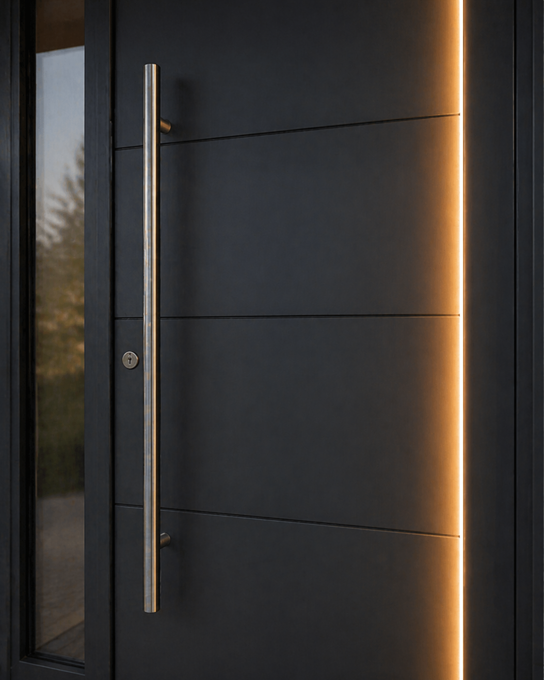 Moderne Haustür mit Griffleiste und Beleuchtung