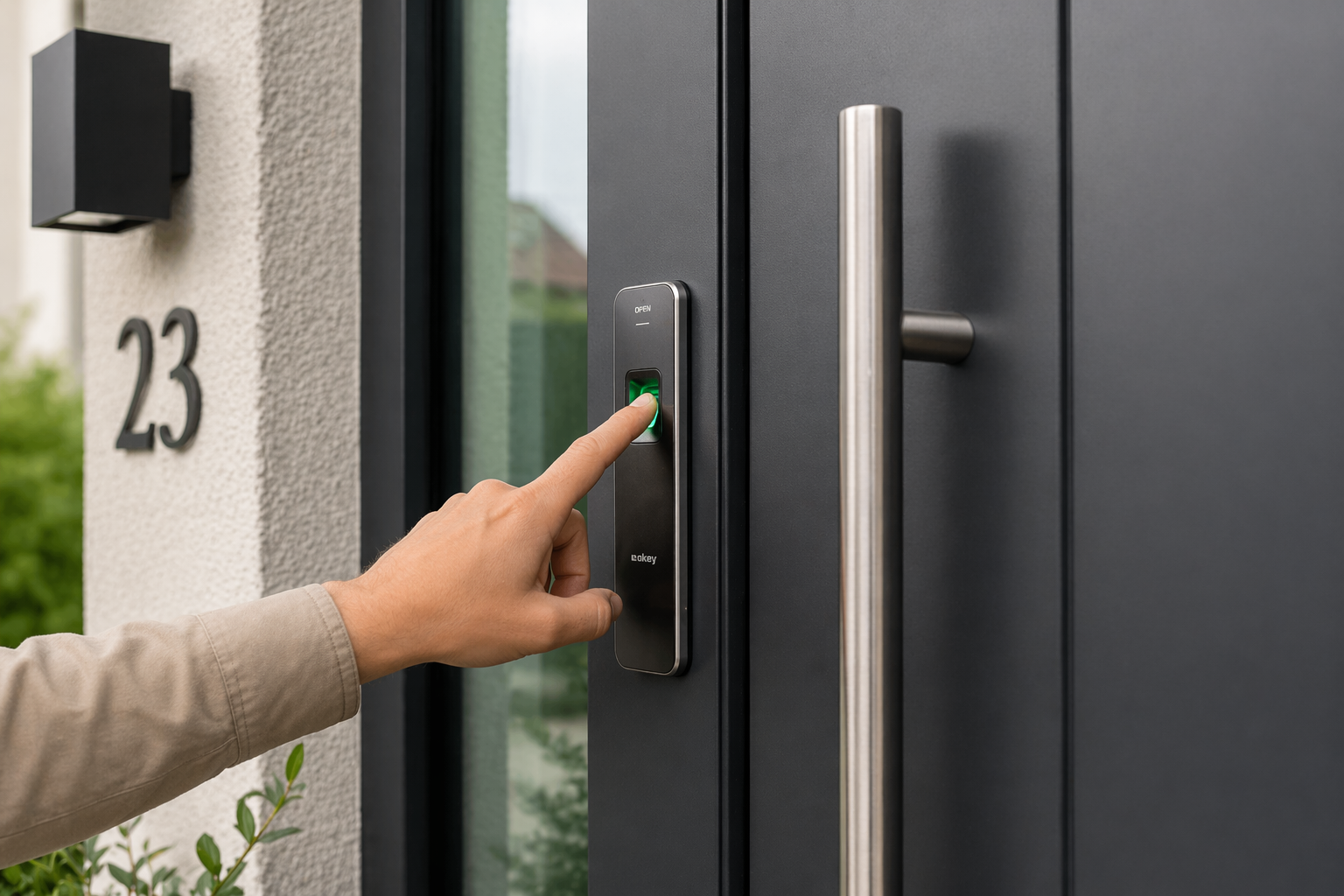 Moderne Haustür mit Fingerprint Zugang