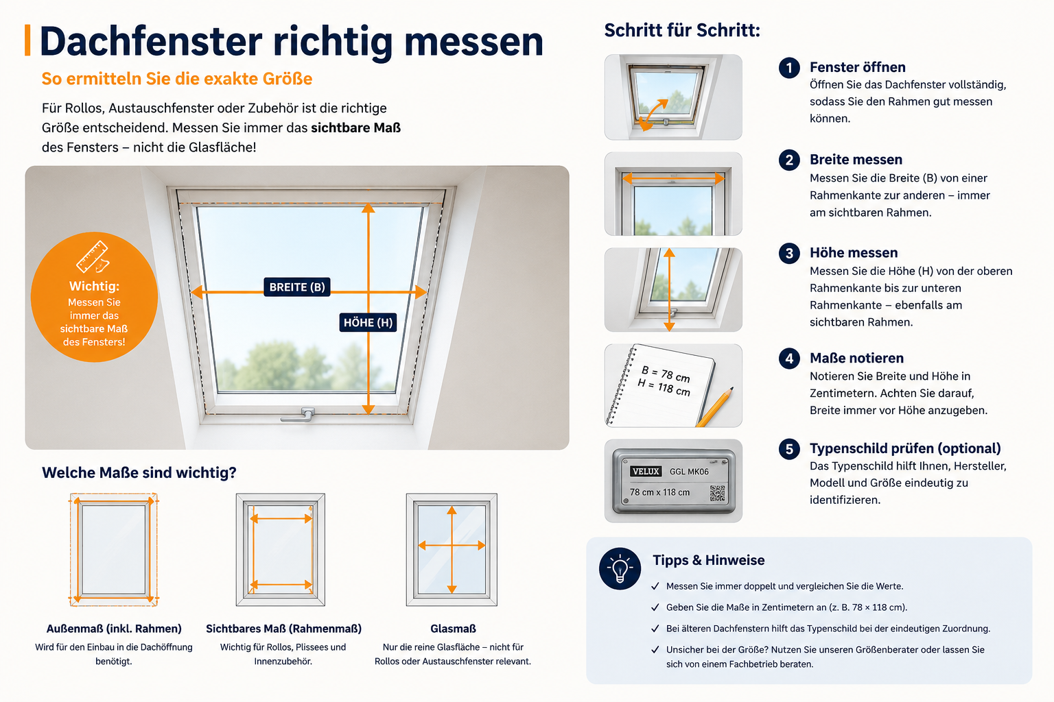 Infografik zum richtigen Ausmessen eines Dachfensters