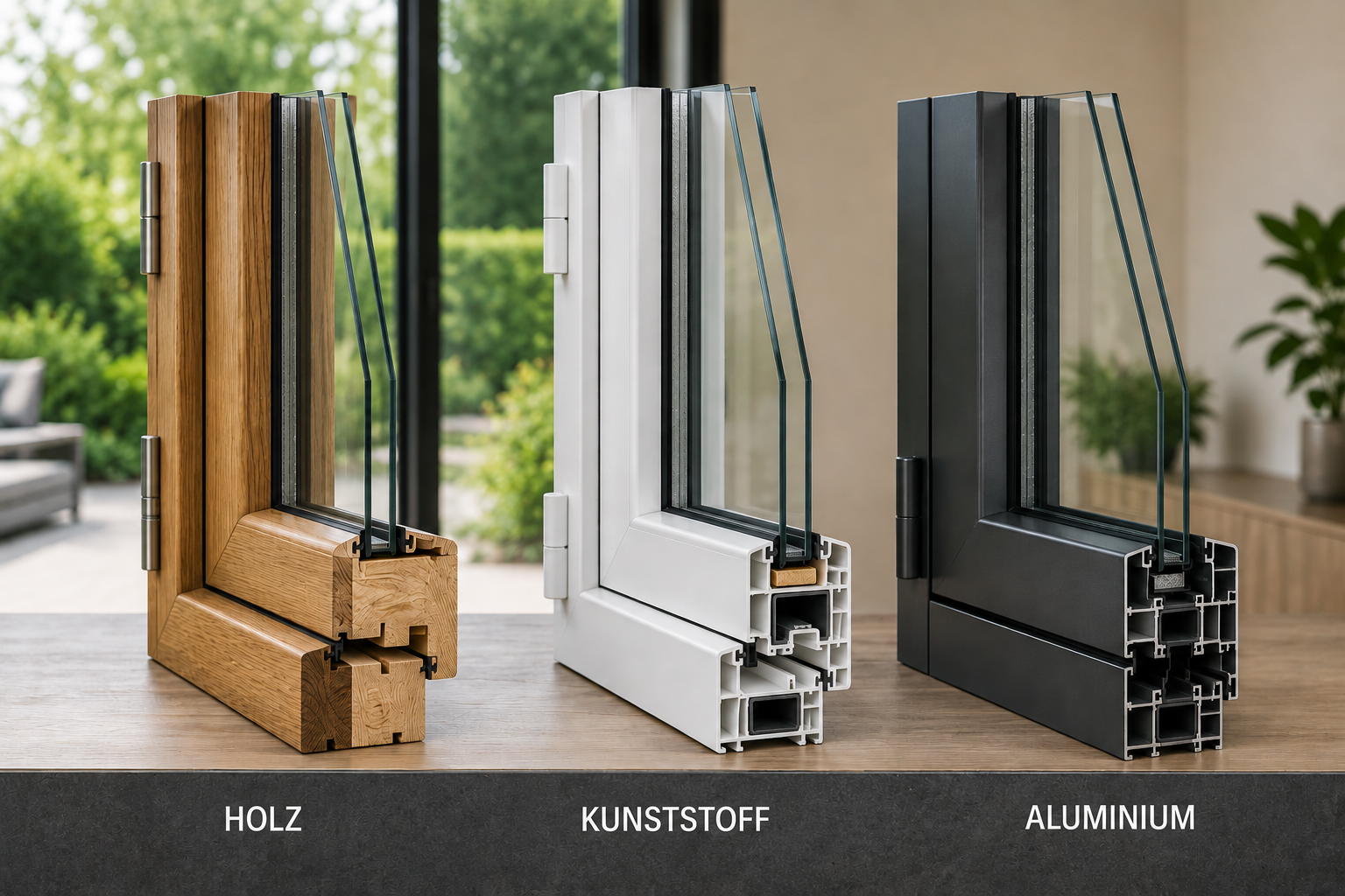 Vergleich von Terrassentür-Materialien aus Holz, Kunststoff und Aluminium