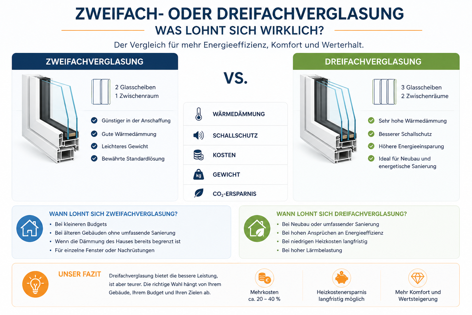 Zweifachverglasung und Dreifachverglasung bei Aluminiumfenstern im Vergleich