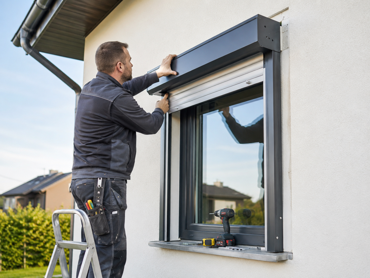 Fensterbauer montiert Rollladen am Fenster