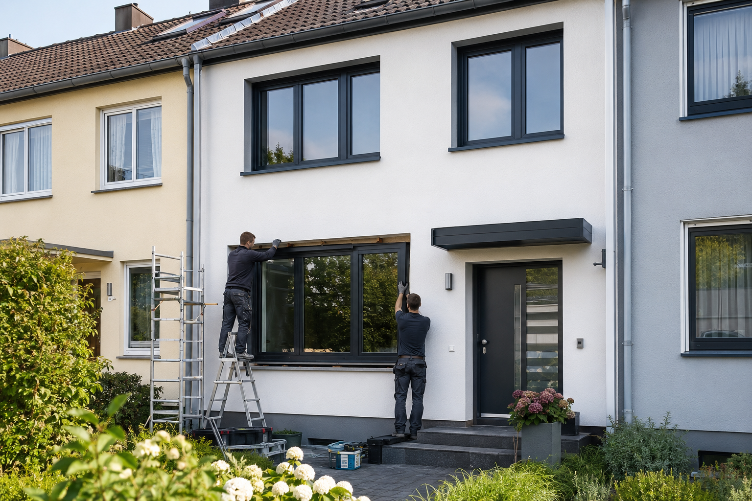 Fenstertausch an einem Reihenhaus mit modernen neuen Fenstern