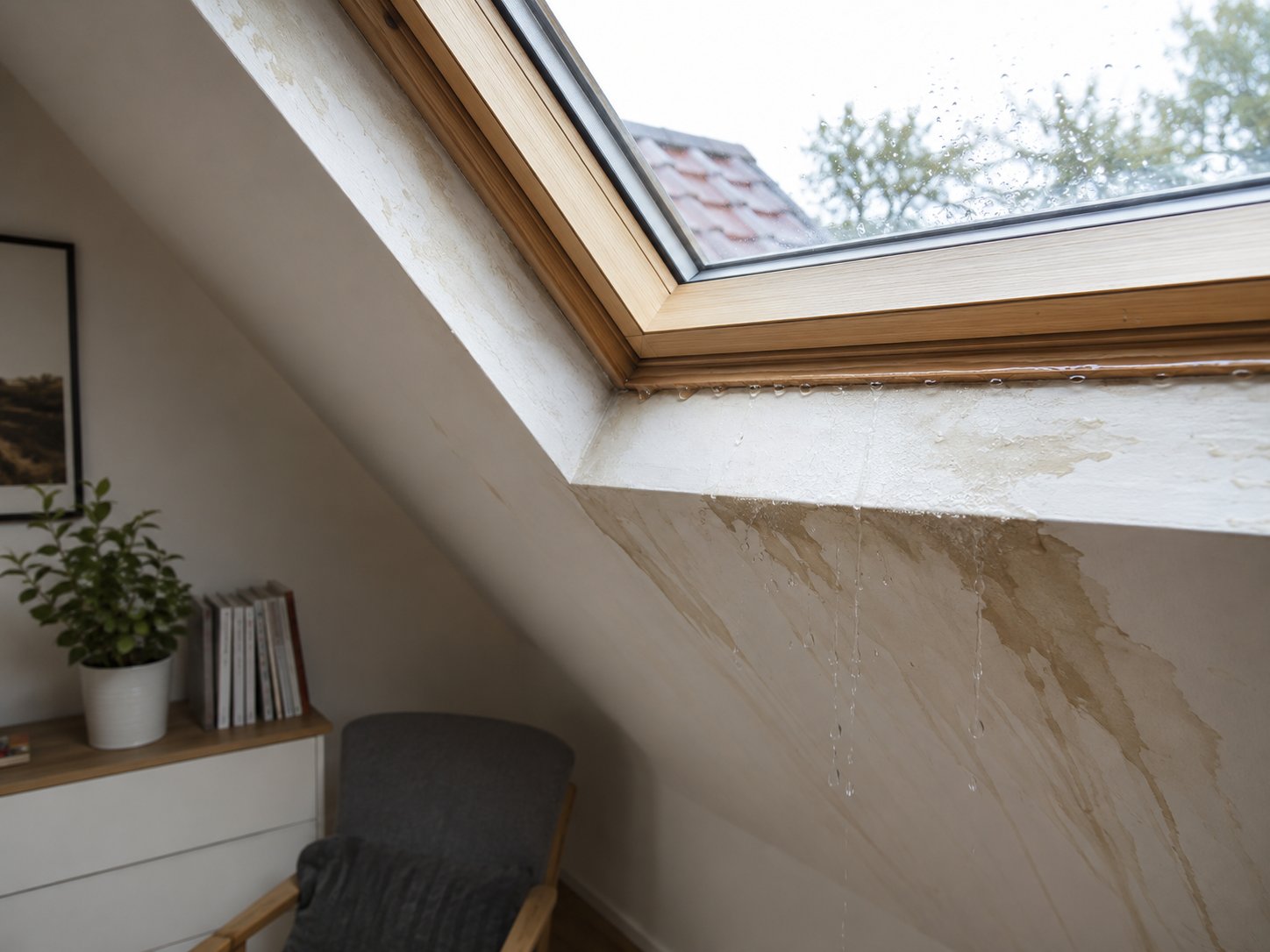 Dachfenster undicht mit Wasserflecken und Feuchtigkeit am Rahmen