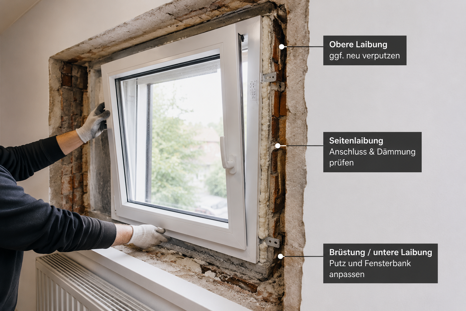 Fenster Laibung beim Fenstertausch mit freigelegten Anschlussbereichen