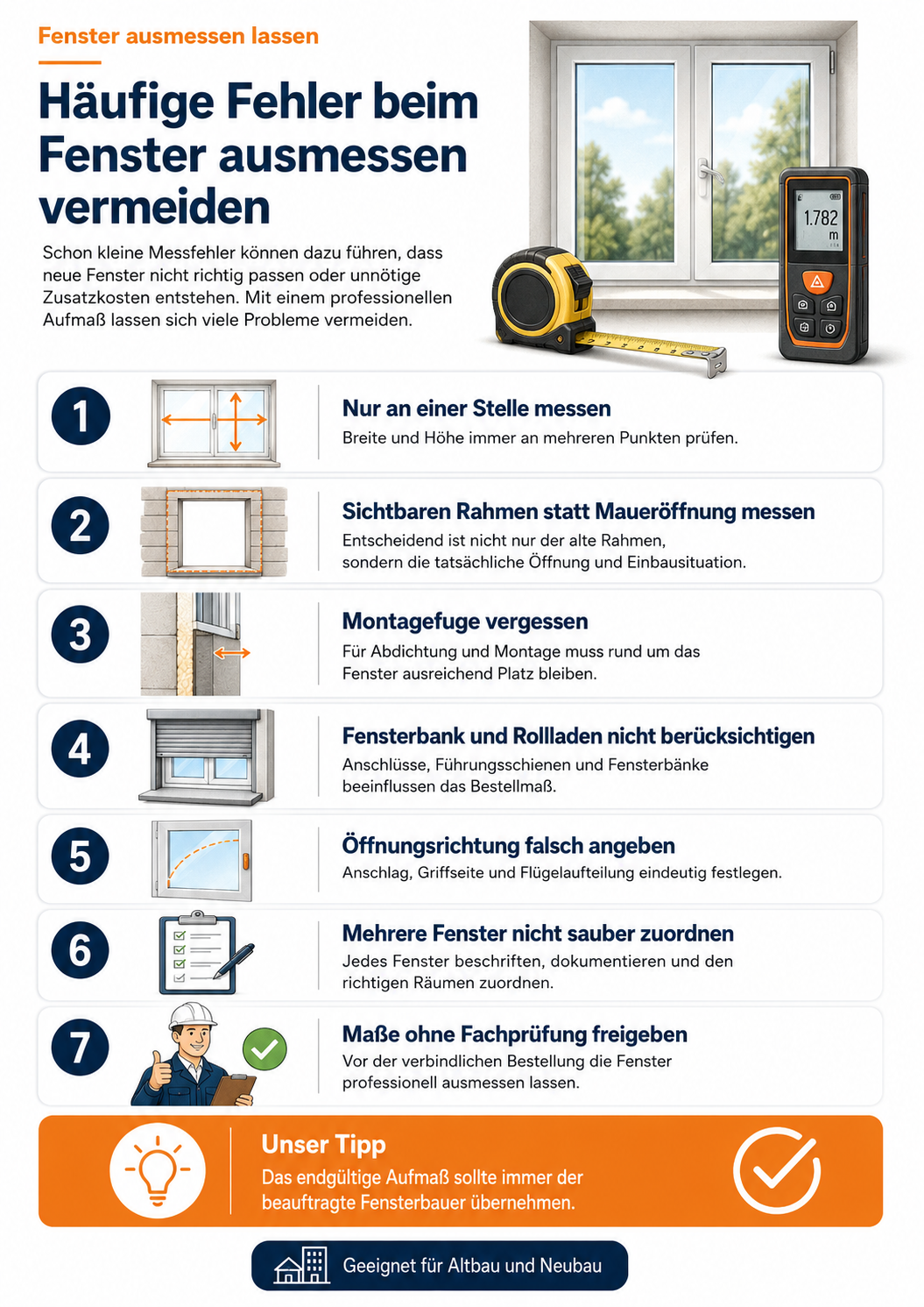 Fenster ausmessen lassen – Infografik zu häufigen Fehlern beim Fenster-Aufmaß