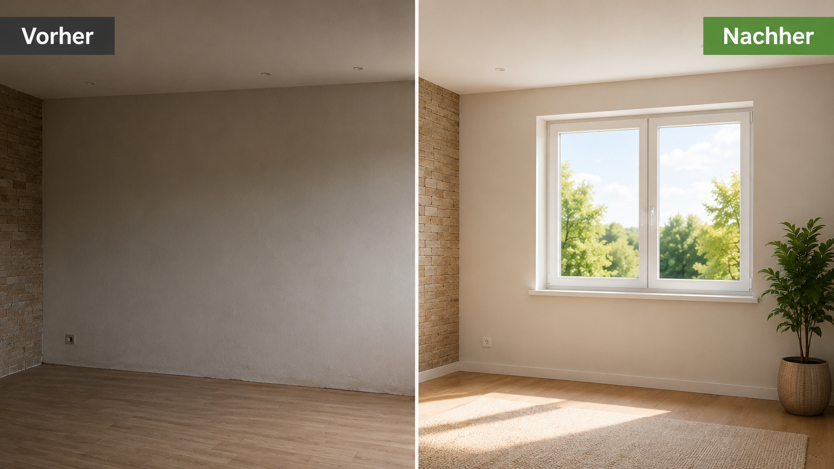 Fenster nachträglich einbauen – Vorher-nachher-Vergleich eines dunklen Raums ohne Fenster und eines hellen Raums mit neuem Fenster