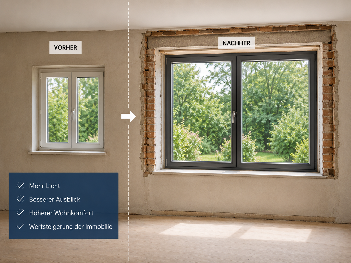 Fenster vergrößern Kosten: Vorher-Nachher-Vergleich mit größerem Fenster für mehr Licht und Wohnkomfort