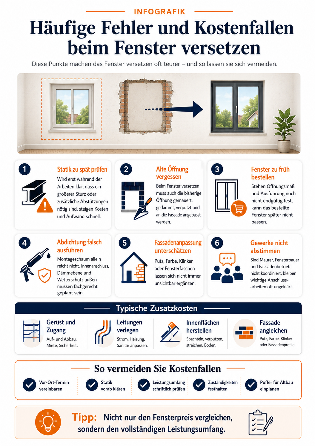 Infografik zu häufigen Fehlern und Kostenfallen beim Fenster versetzen