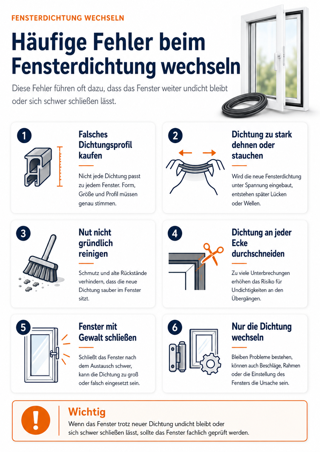Infografik mit häufigen Fehlern beim Fensterdichtung wechseln