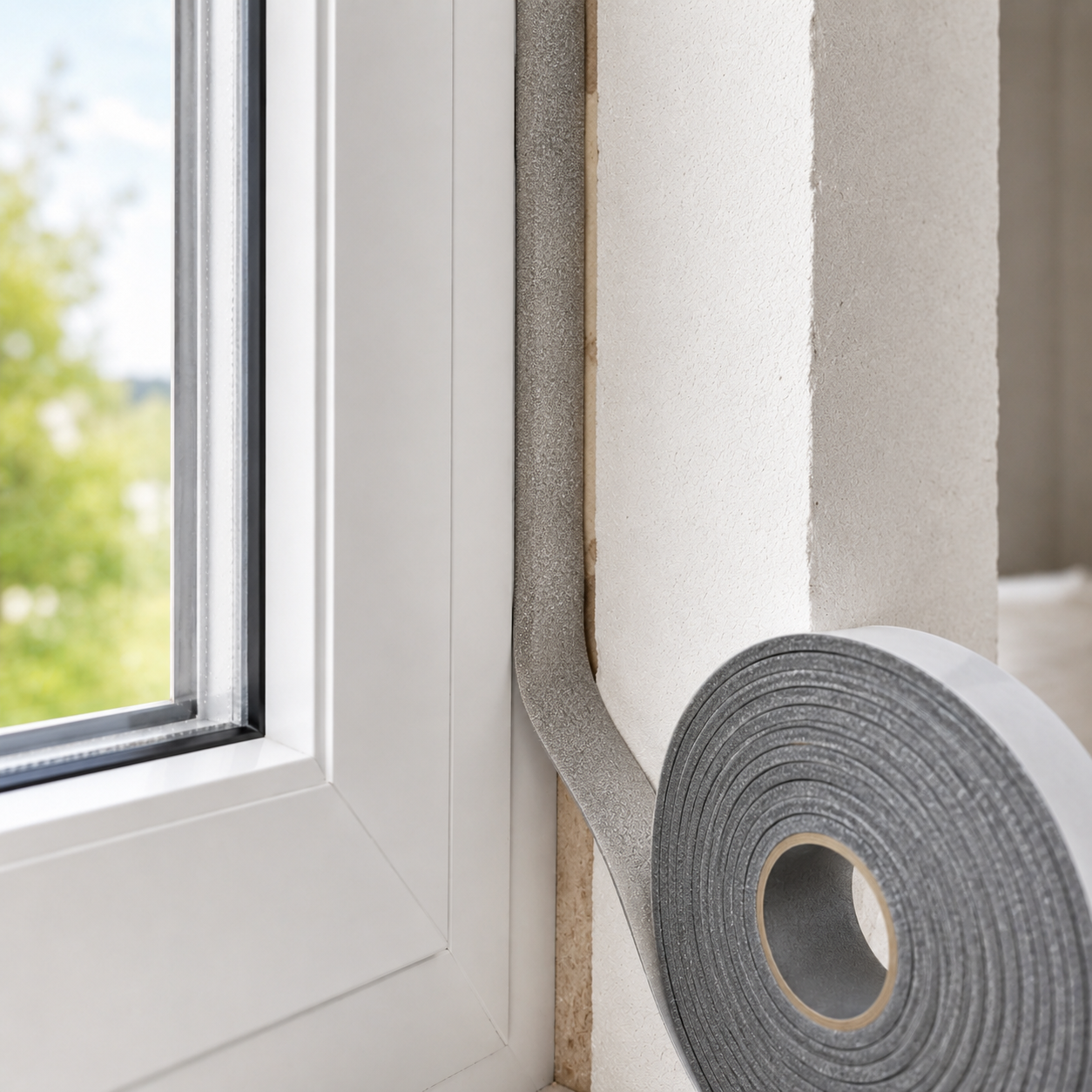 Fensterfugen erneuern mit Dichtungsband im Anschlussbereich eines Fensters