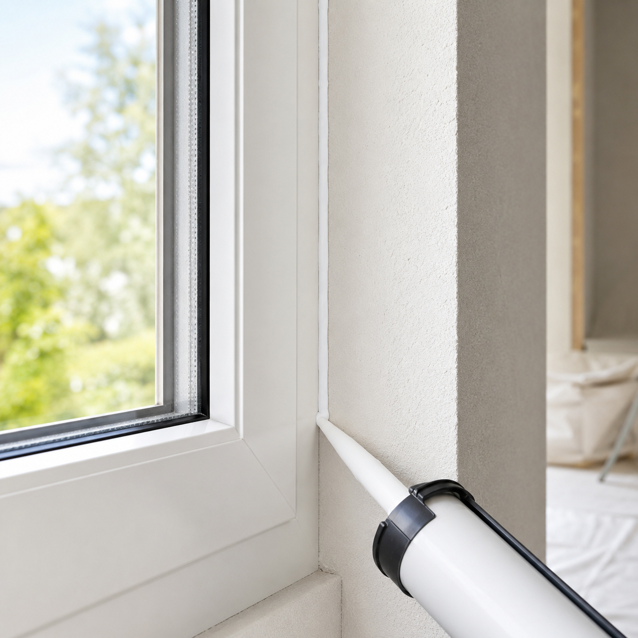Fensterfugen erneuern mit Silikon an einem weißen Fensterrahmen