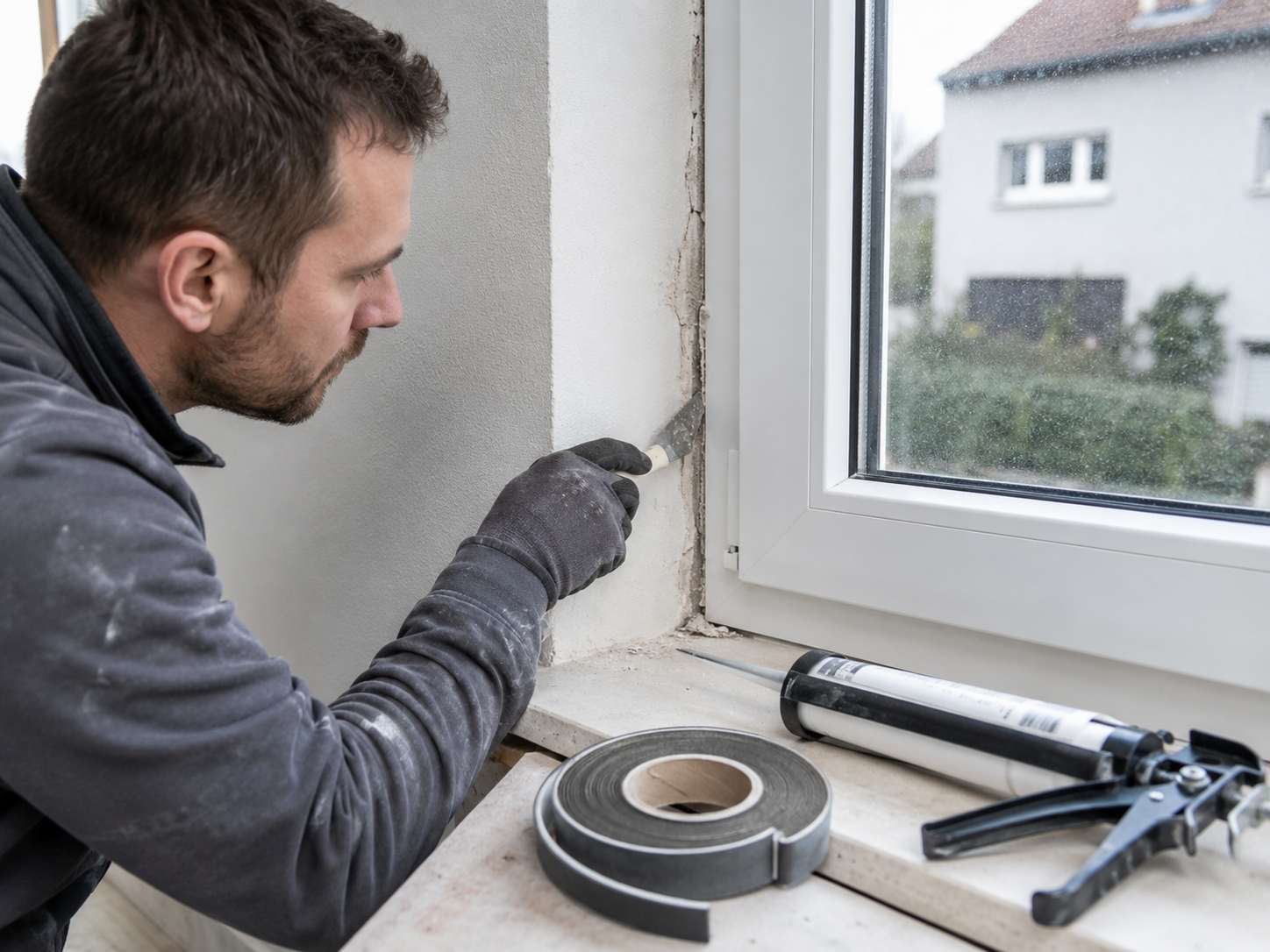 Fensterfugen erneuern an einem weißen Fensterrahmen mit gerissener Anschlussfuge