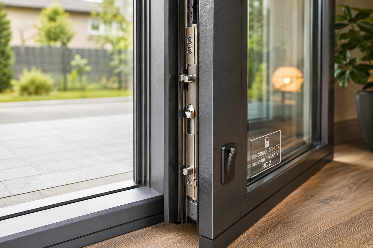 Detail eines bodentiefen großen Fensters mit Einbruchschutz und Mehrfachverriegelung