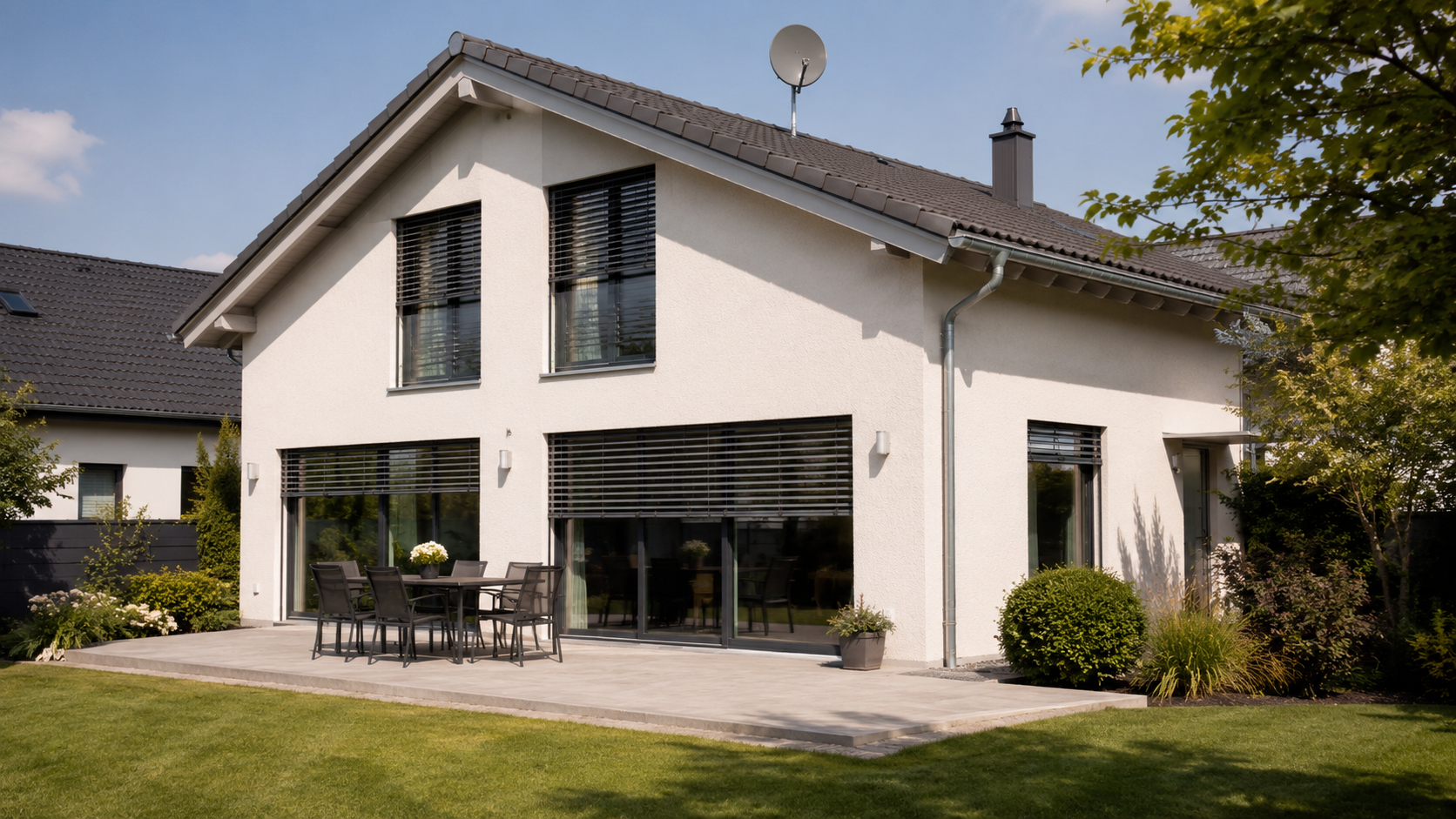 Große Fenster an einem Wohnhaus mit außenliegendem Sonnenschutz