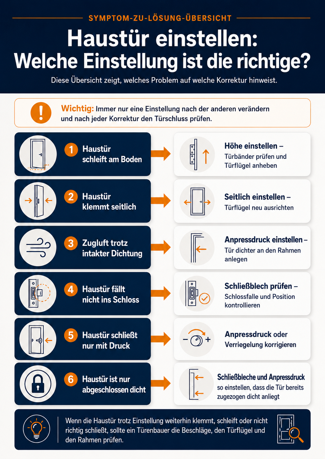 Haustür einstellen – Infografik zu Symptomen und passenden Einstellungen