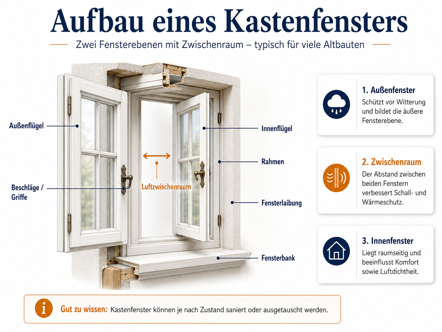 Aufbau eines Kastenfensters mit Außenfenster, Innenfenster und Luftzwischenraum