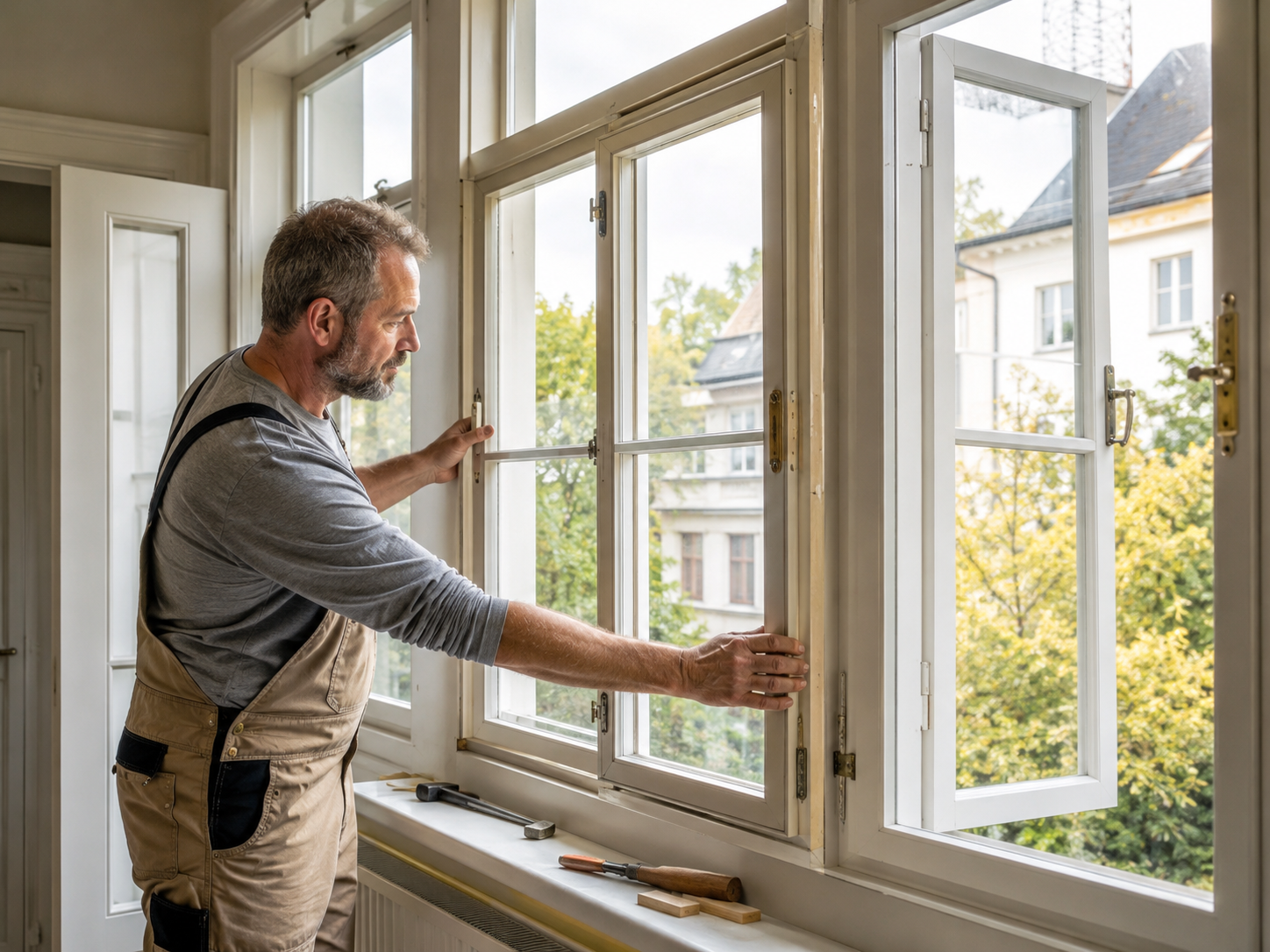 Fensterbauer prüft ein historisches Kastenfenster im Altbau