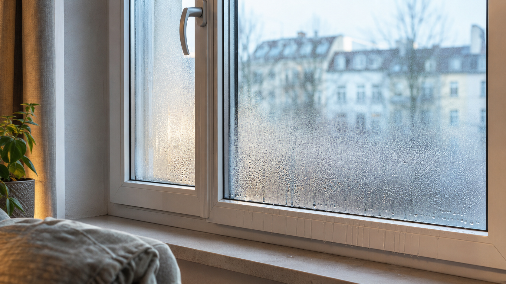 Nasse Fenster innen mit Kondenswasser und Wassertropfen auf der Raumseite