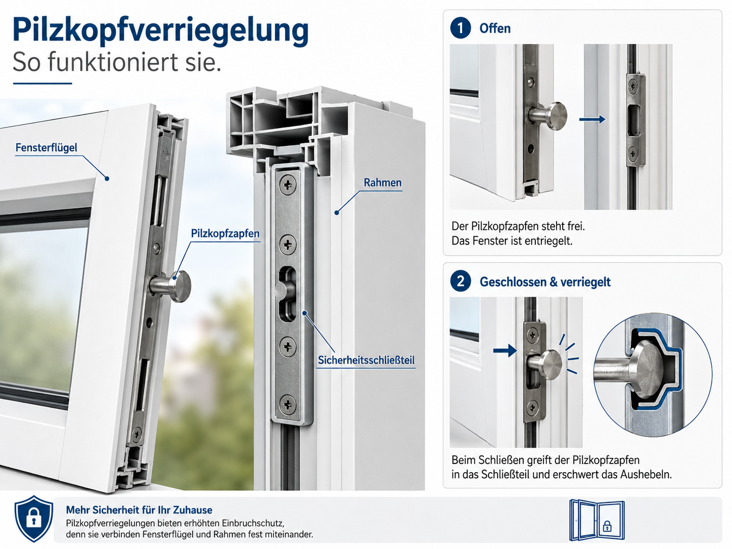 Funktion einer Pilzkopfverriegelung mit Pilzkopfzapfen und Sicherheitsschließteil