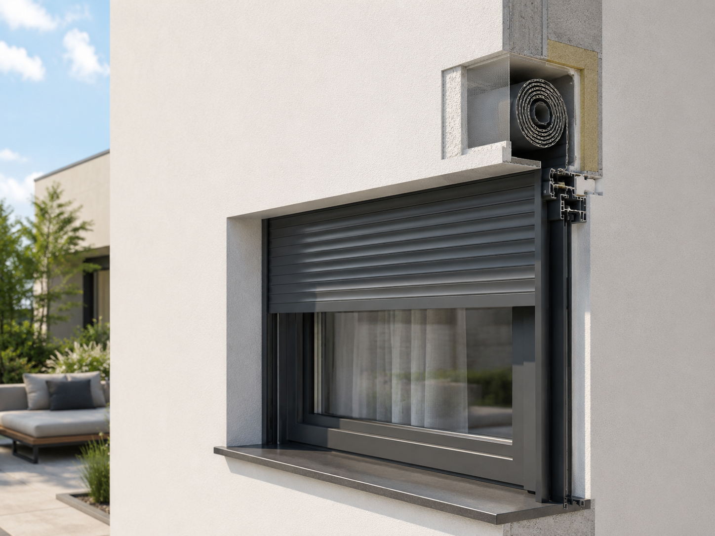 Unterputz-Vorbaurollladen in die Fassade integriert