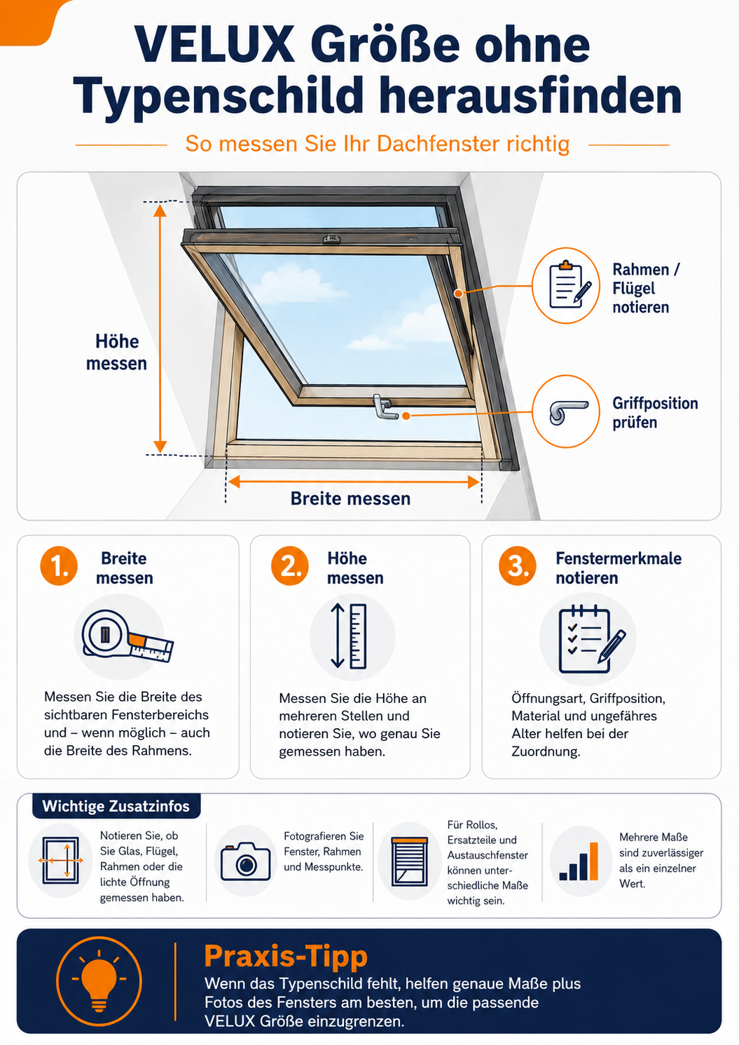 Infografik: VELUX Größe ohne Typenschild herausfinden und Dachfenster richtig messen