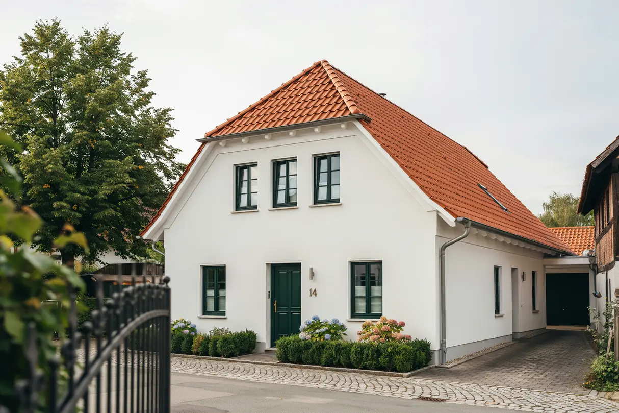 Saniertes Wohnhaus mit gepflegtem Ziegeldach als Beispiel für fachgerechte Dacharbeiten