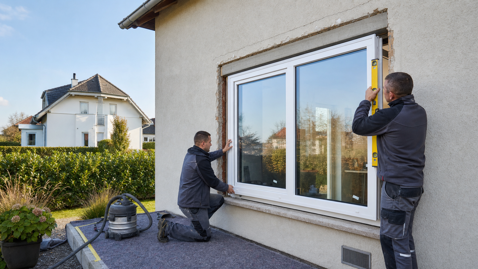 Fachkräfte bauen ein Fenster nachträglich in eine Bestandsfassade ein