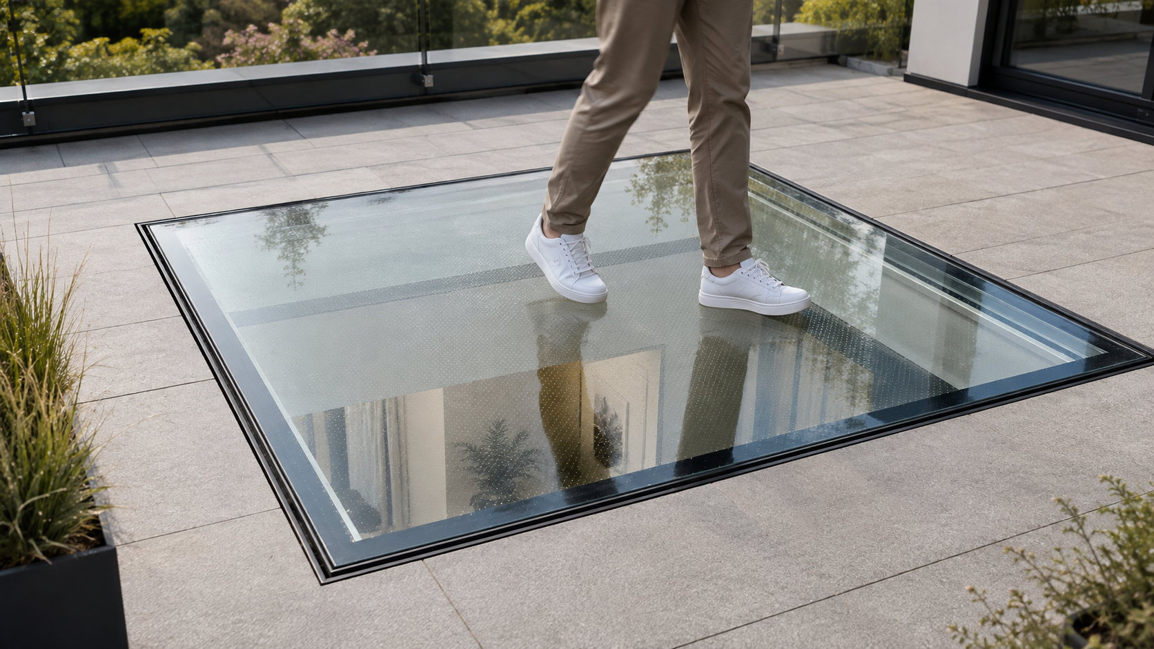 Begehbares Flachdachfenster in einer Dachterrasse