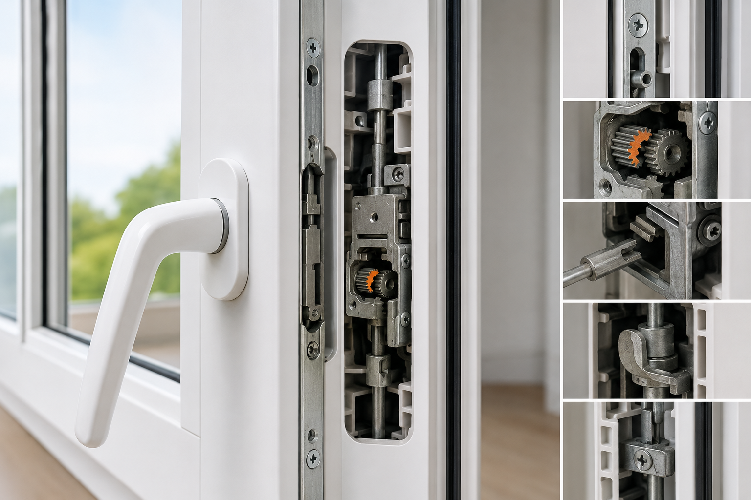 Beschädigtes Fenstergetriebe mit gebrochenen Zahnrädern