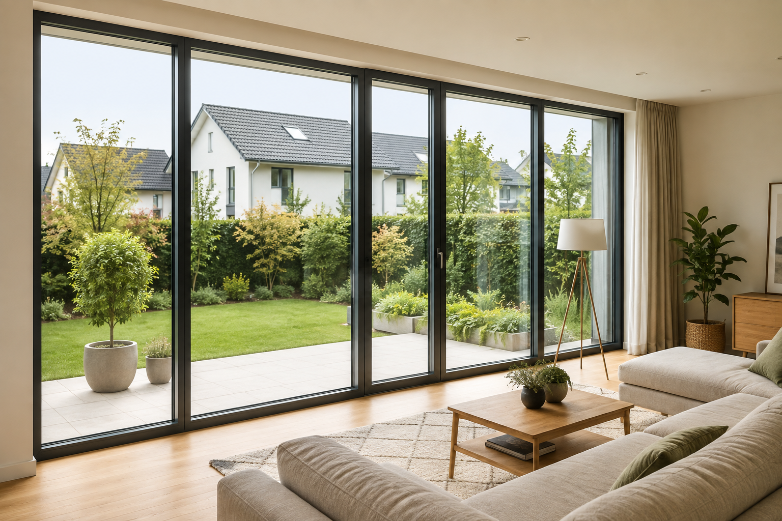 Moderner Wohnraum mit großen bodentiefen Fenstern und Blick in den Garten