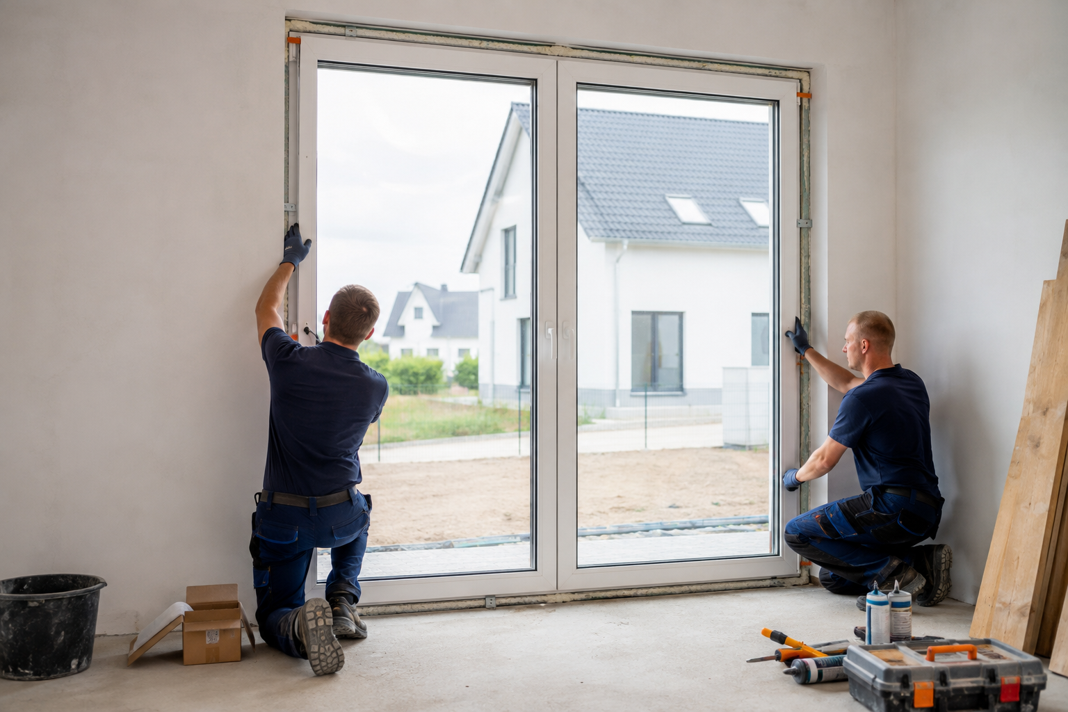 Bodentiefes Kunststofffenster im Neubau bei der Standardmontage
