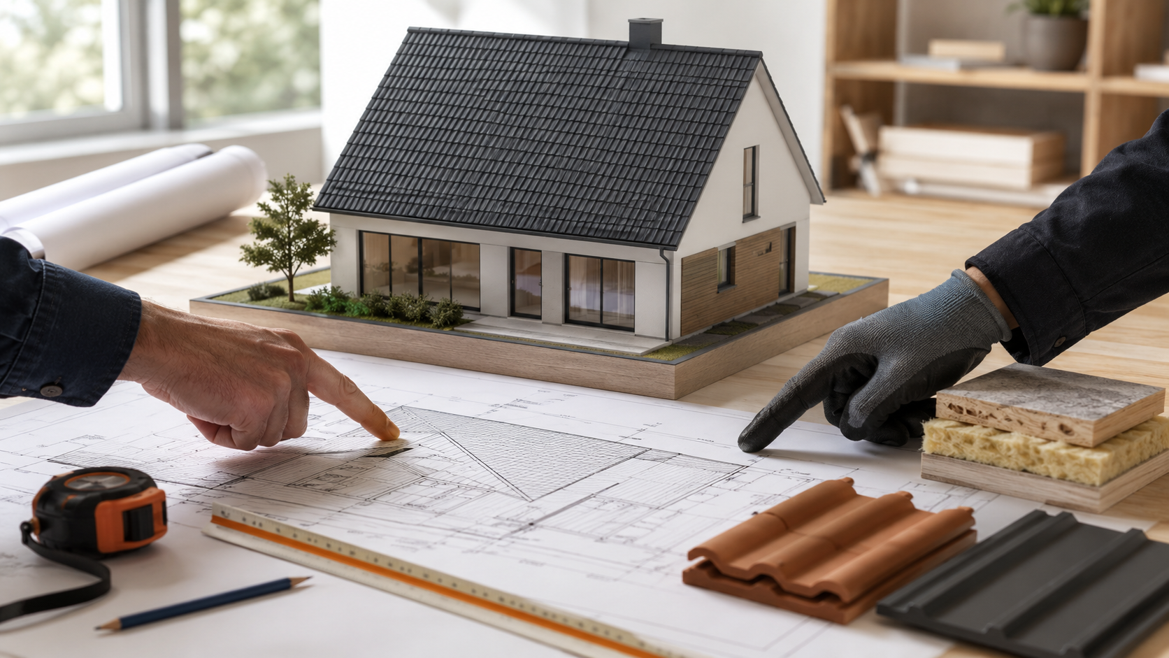 Dach planen mit Hausmodell, Bauzeichnung und verschiedenen Dachmaterialien