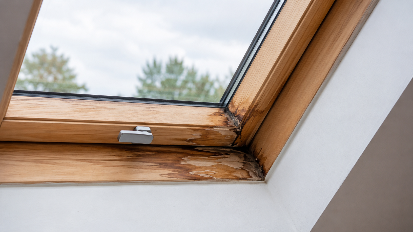 Dachfenster mit Feuchtigkeitsschaden am Holzrahmen