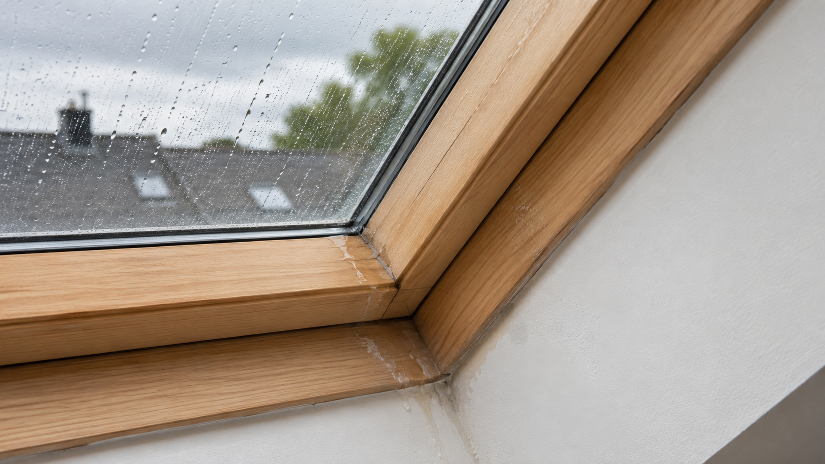 Undichtes Dachfenster mit eindringendem Regenwasser