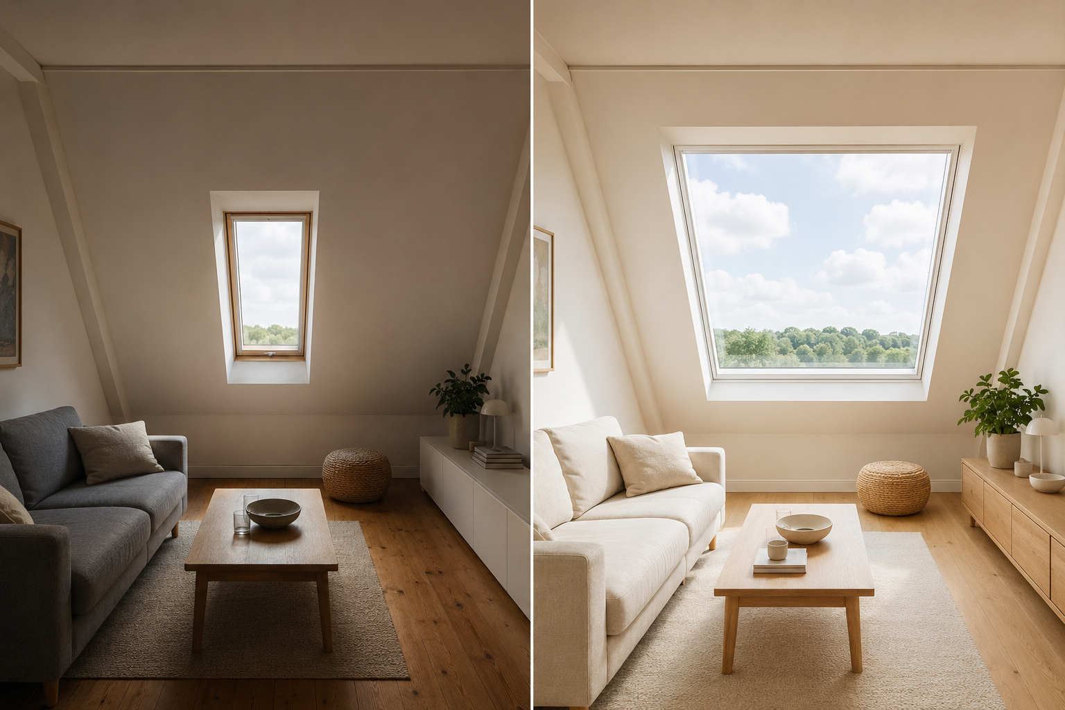 Dachfenster vergrößern – dunkler Dachraum mit kleinem Fenster und heller Raum mit großem Dachfenster