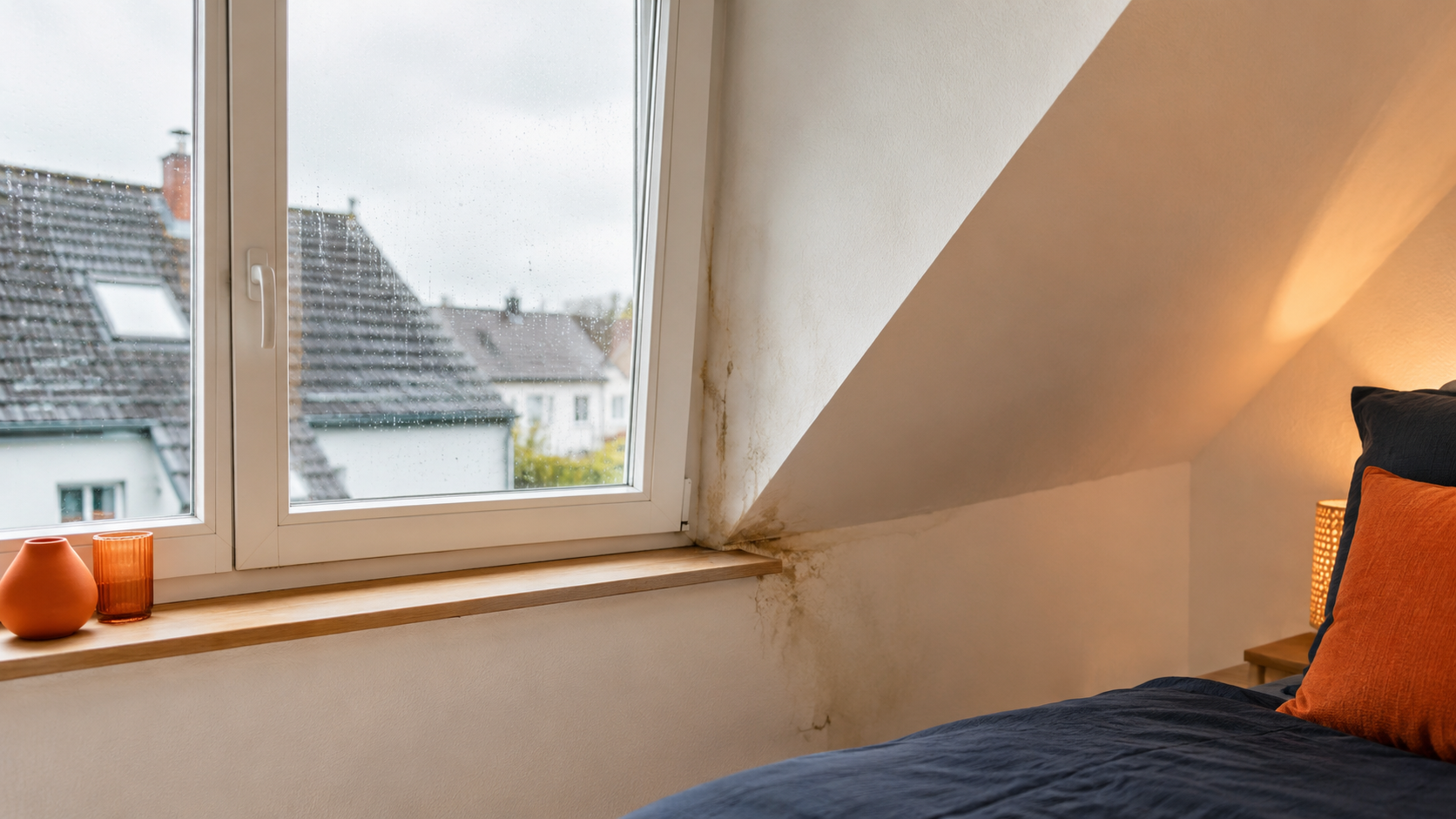 Wasserfleck neben einem undichten Gaubenfenster im Innenraum
