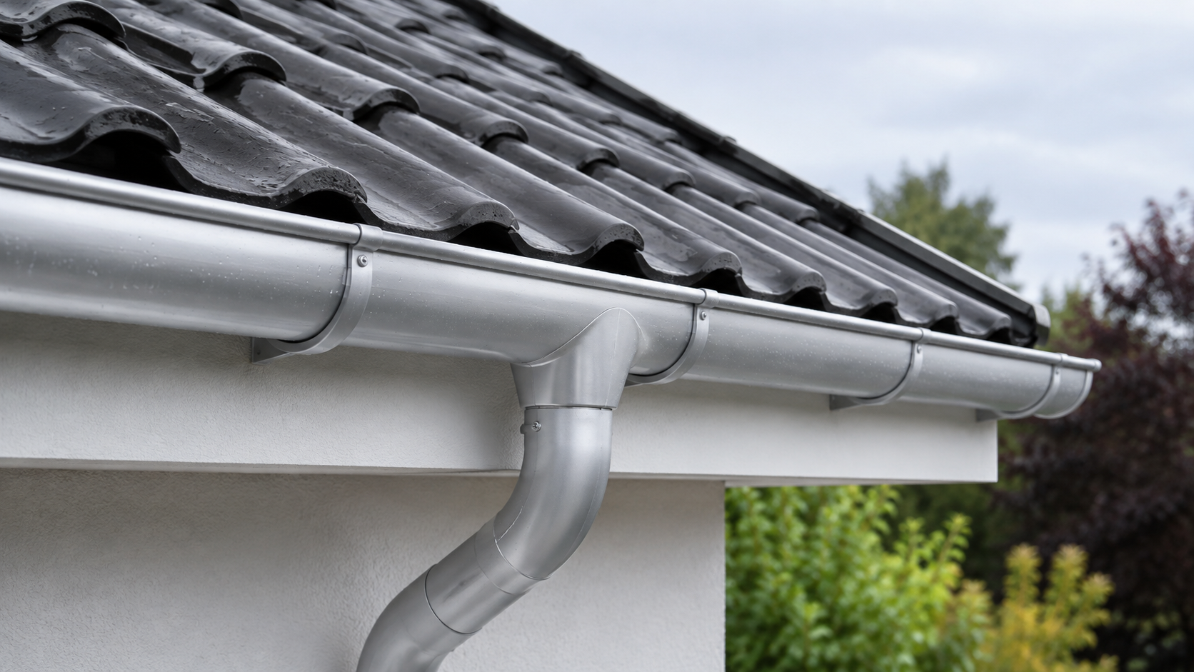 Moderne Dachrinne aus Aluminium an einem Ziegeldach