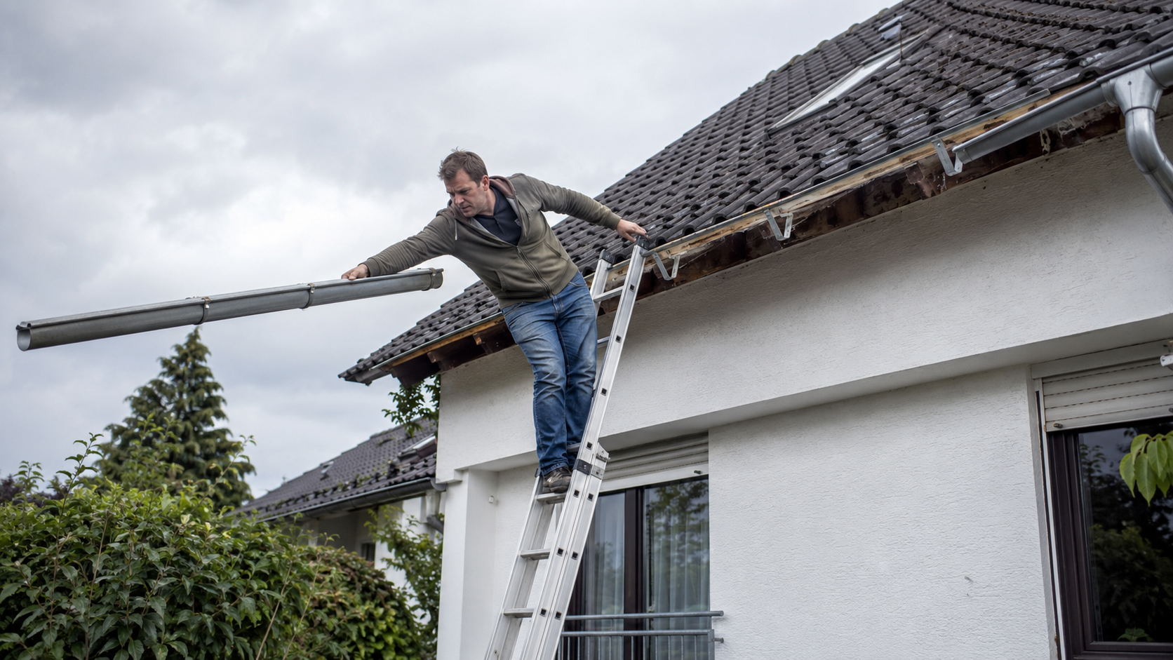 Privatperson versucht gefährlich, eine Dachrinne selbst zu erneuern