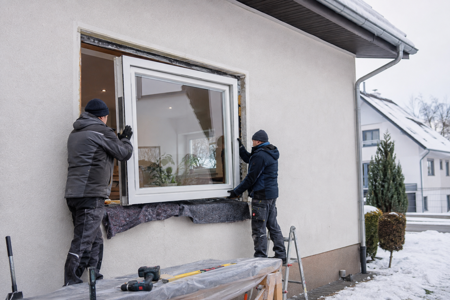 Fenster austauschen im Winter – Fachkräfte setzen ein neues Fenster in die Maueröffnung ein