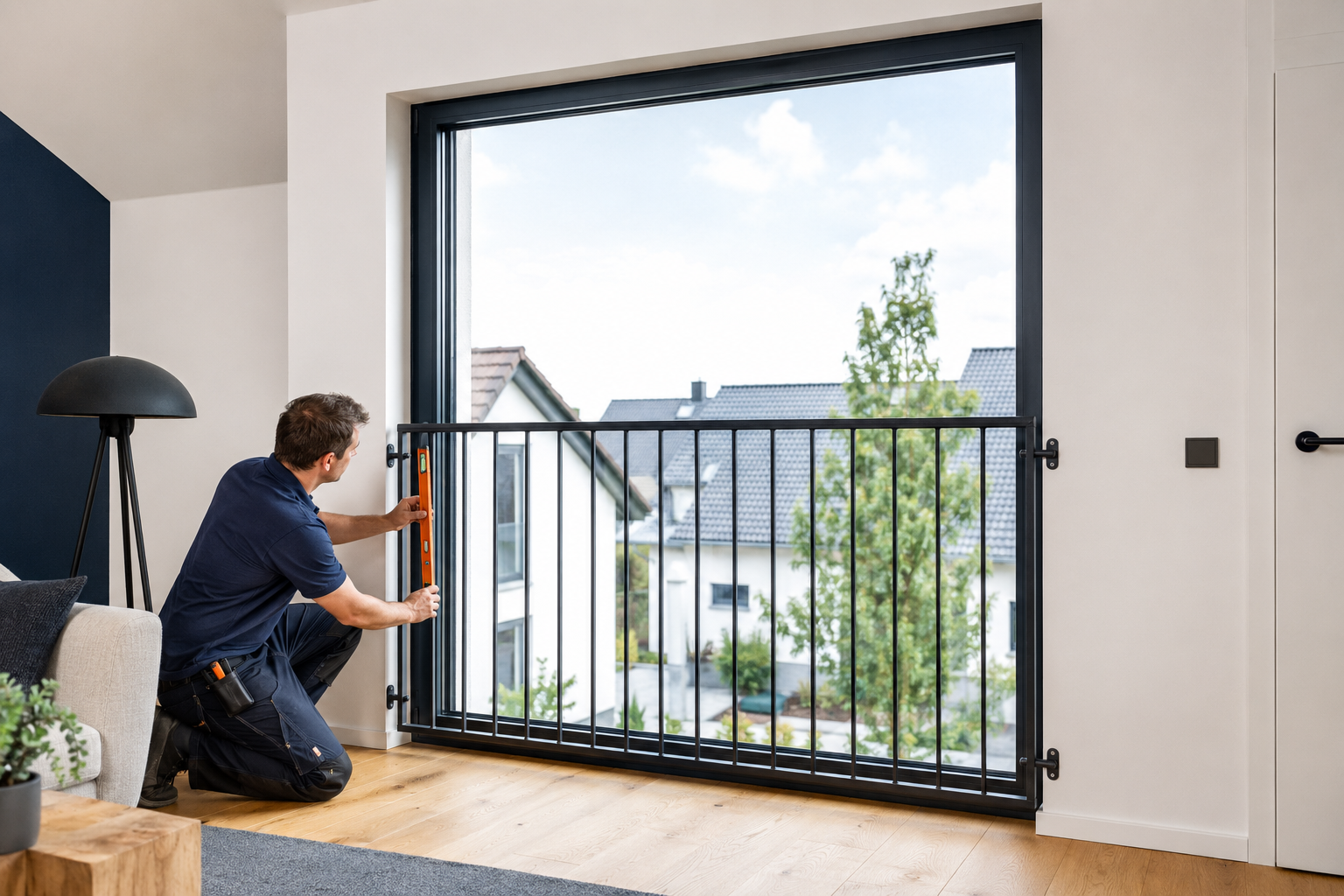 Bodentiefes Fenster im Obergeschoss mit Sicherheitsglas und Absturzsicherung