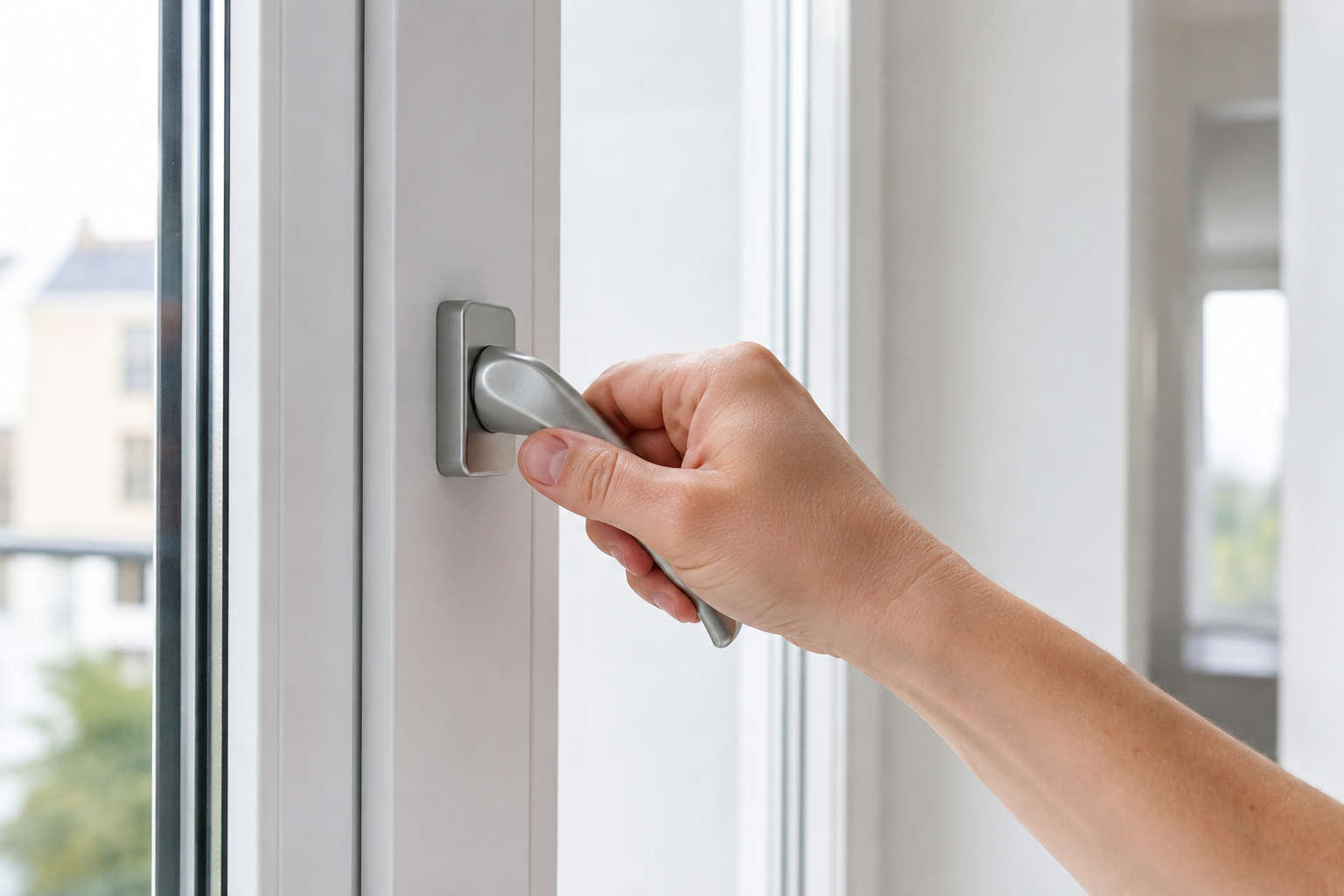 Hand versucht, einen blockierten Fenstergriff zu drehen