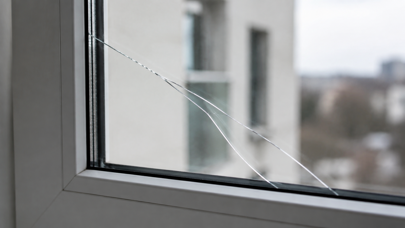 Fensterscheibe gerissen mit deutlich sichtbarem Riss im Glas