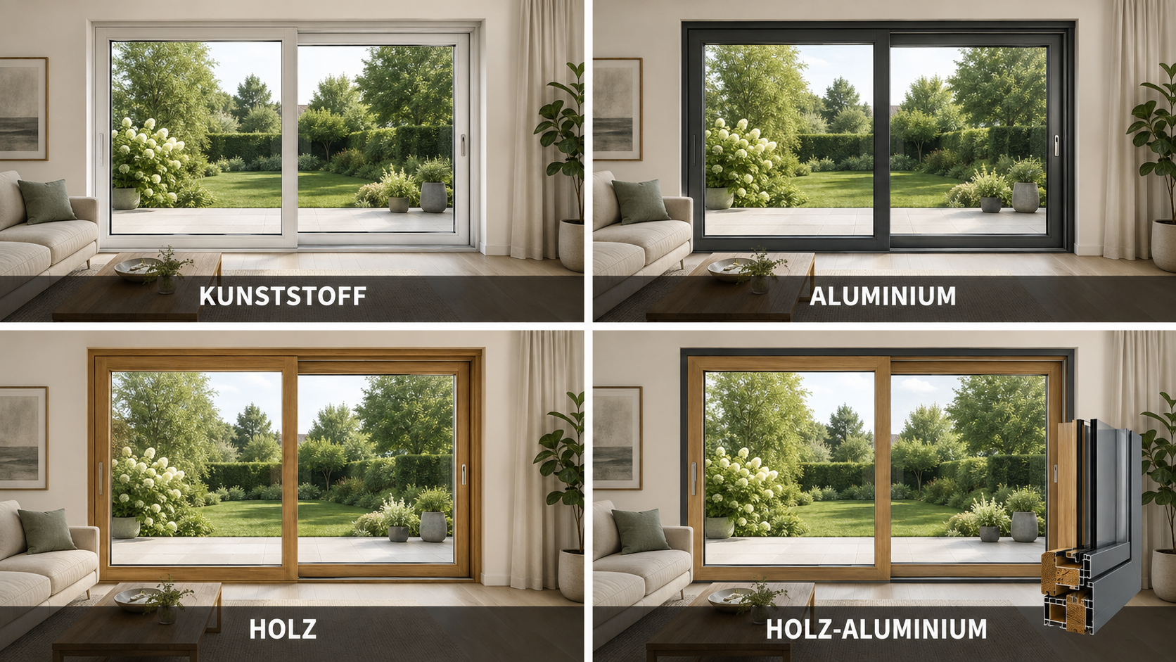 Hebeschiebetür-Kosten für Kunststoff, Aluminium, Holz und Holz-Aluminium im Vergleich