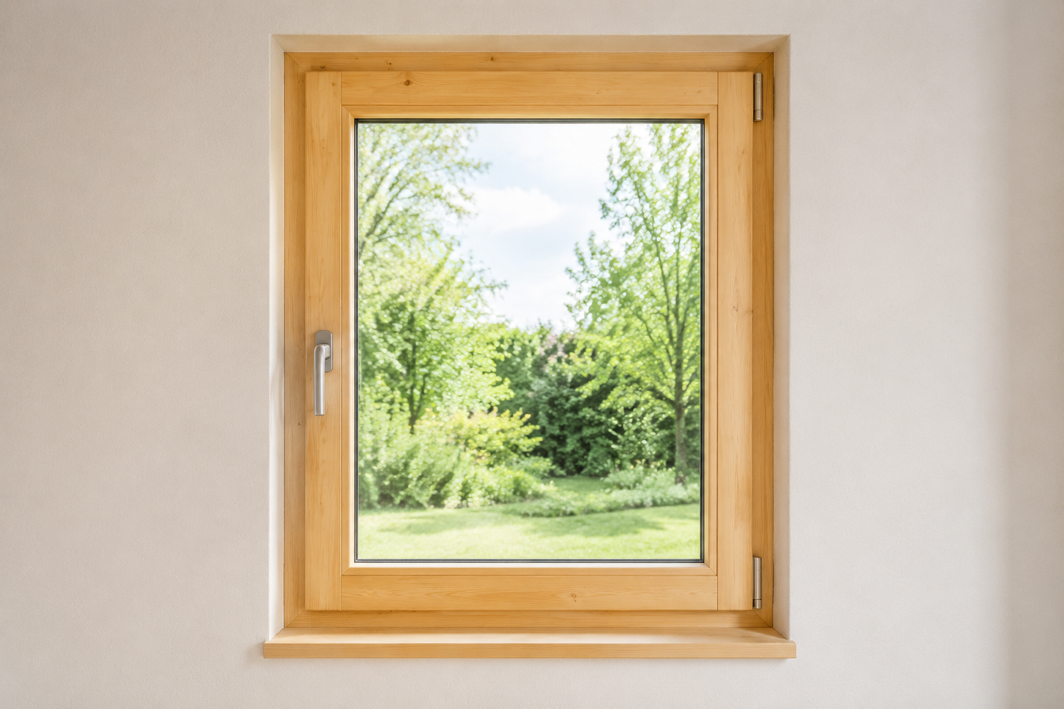 Helles Holzfenster aus Kiefer mit natürlicher Maserung