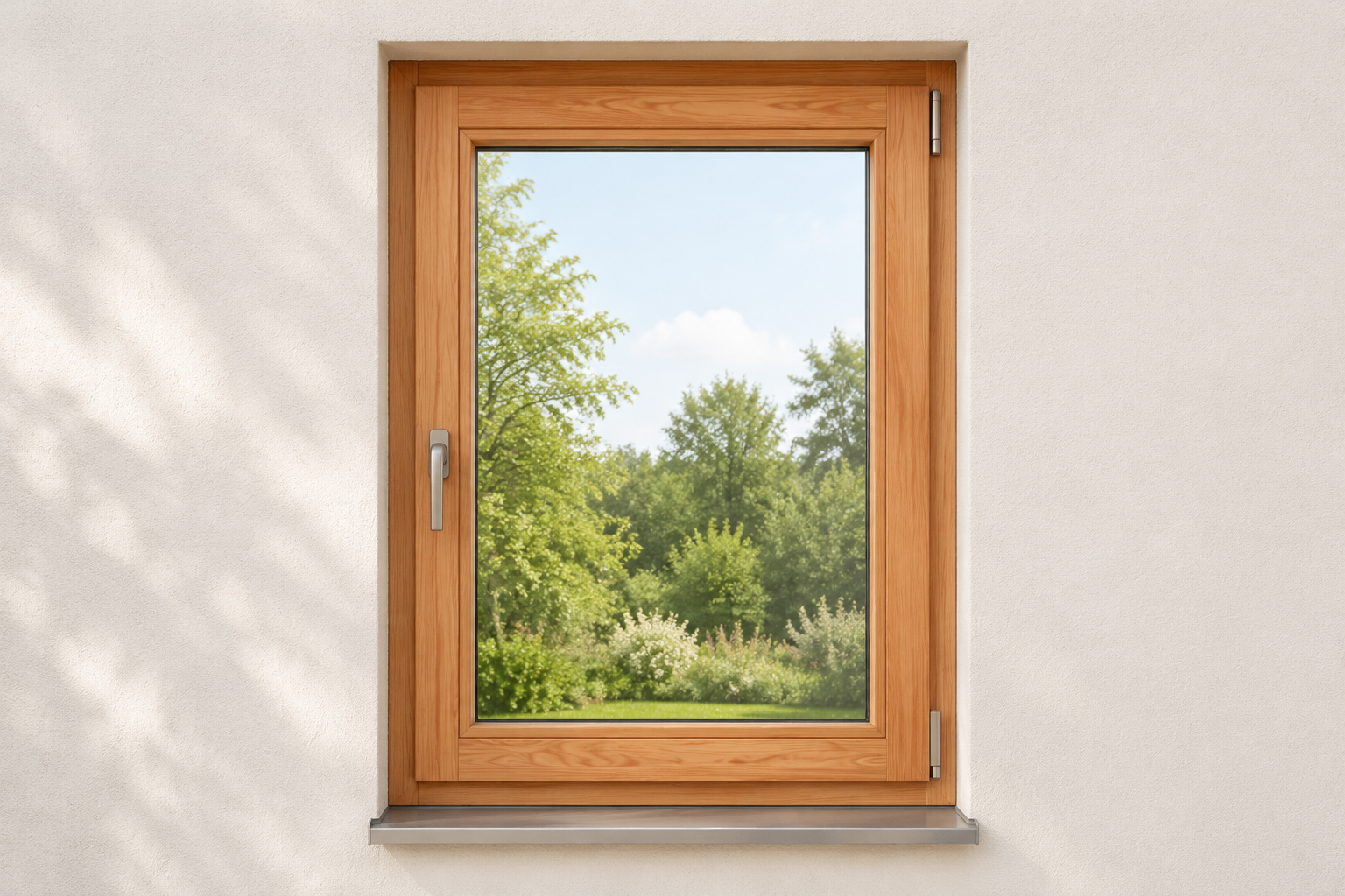 Rötlich warmes Holzfenster aus Lärche mit lebendiger Maserung