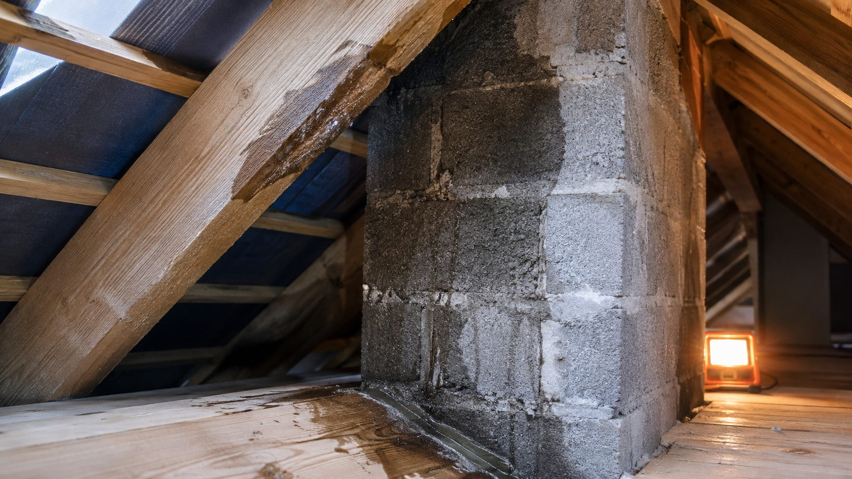 Feuchtigkeit und Wasserflecken an einem undichten Kamin im Dachraum