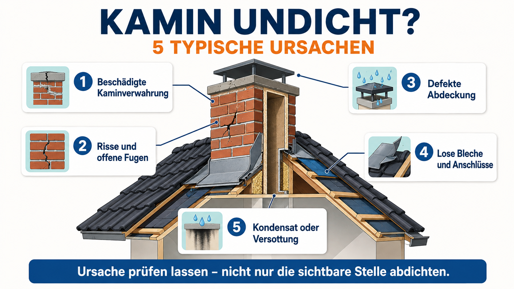 Infografik mit fünf typischen Ursachen für einen undichten Kamin