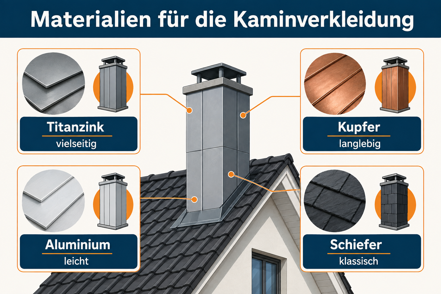 Infografik zu Titanzink, Kupfer, Aluminium und Schiefer für Kaminverkleidungen