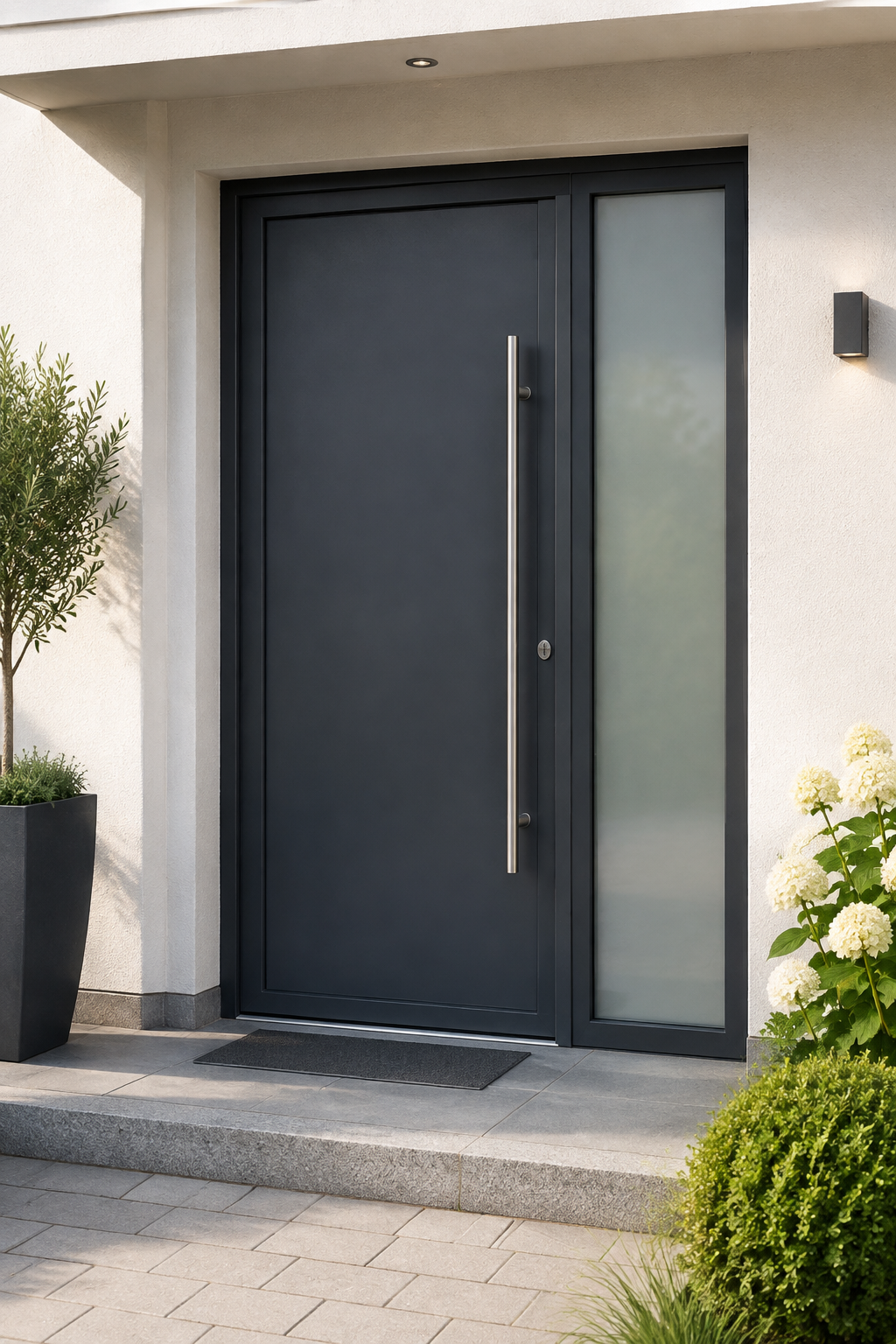 Moderne Kunststoff-Haustür mit verglastem Seitenteil